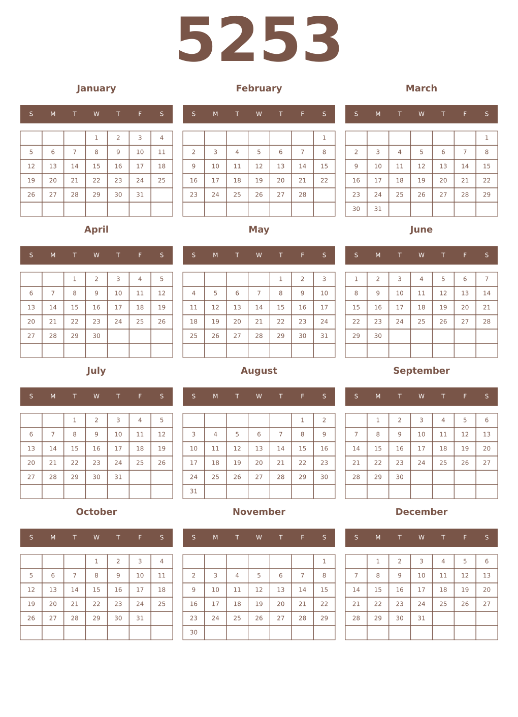 Printable 5253 Year Calendars coffe