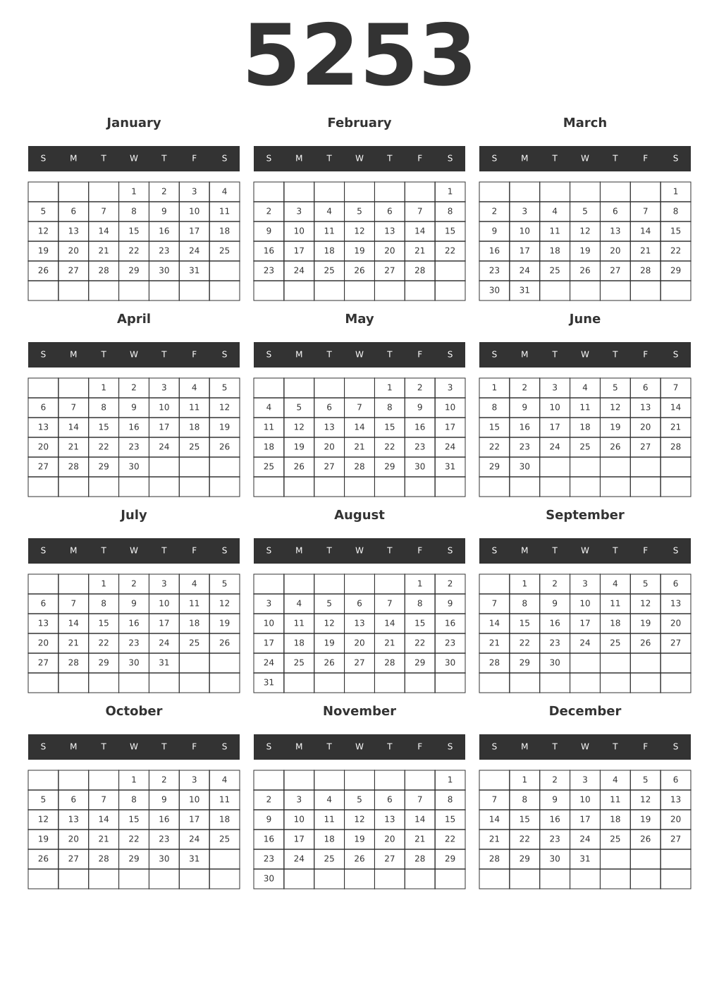 Printable 5253 Year Calendars dark