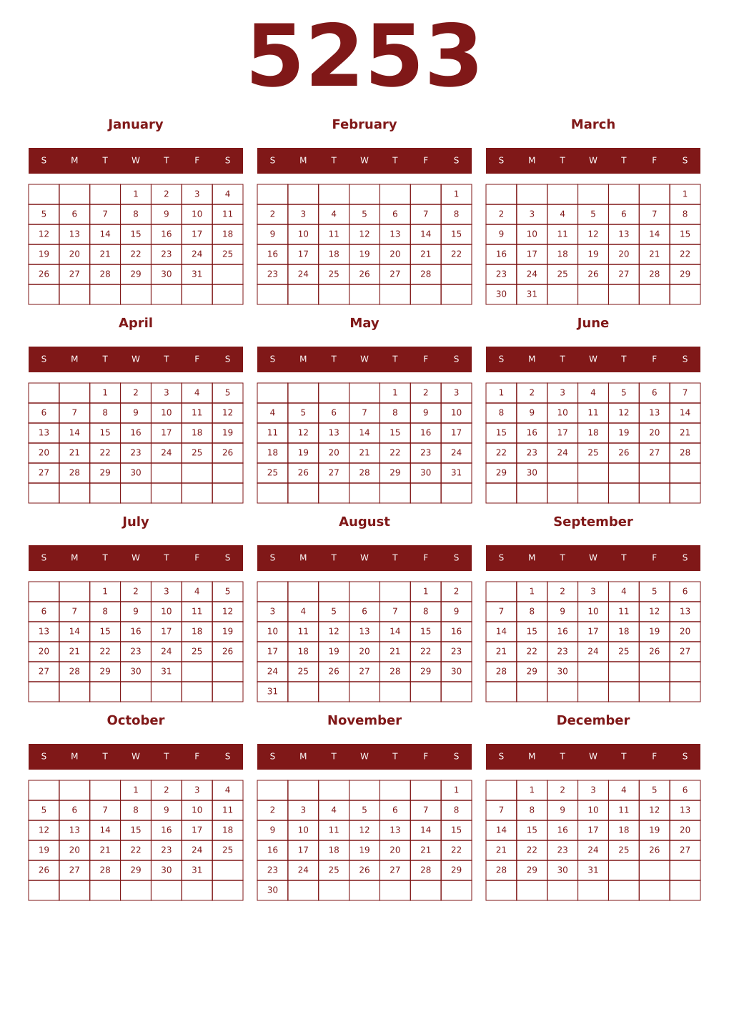 Printable 5253 Year Calendars falu