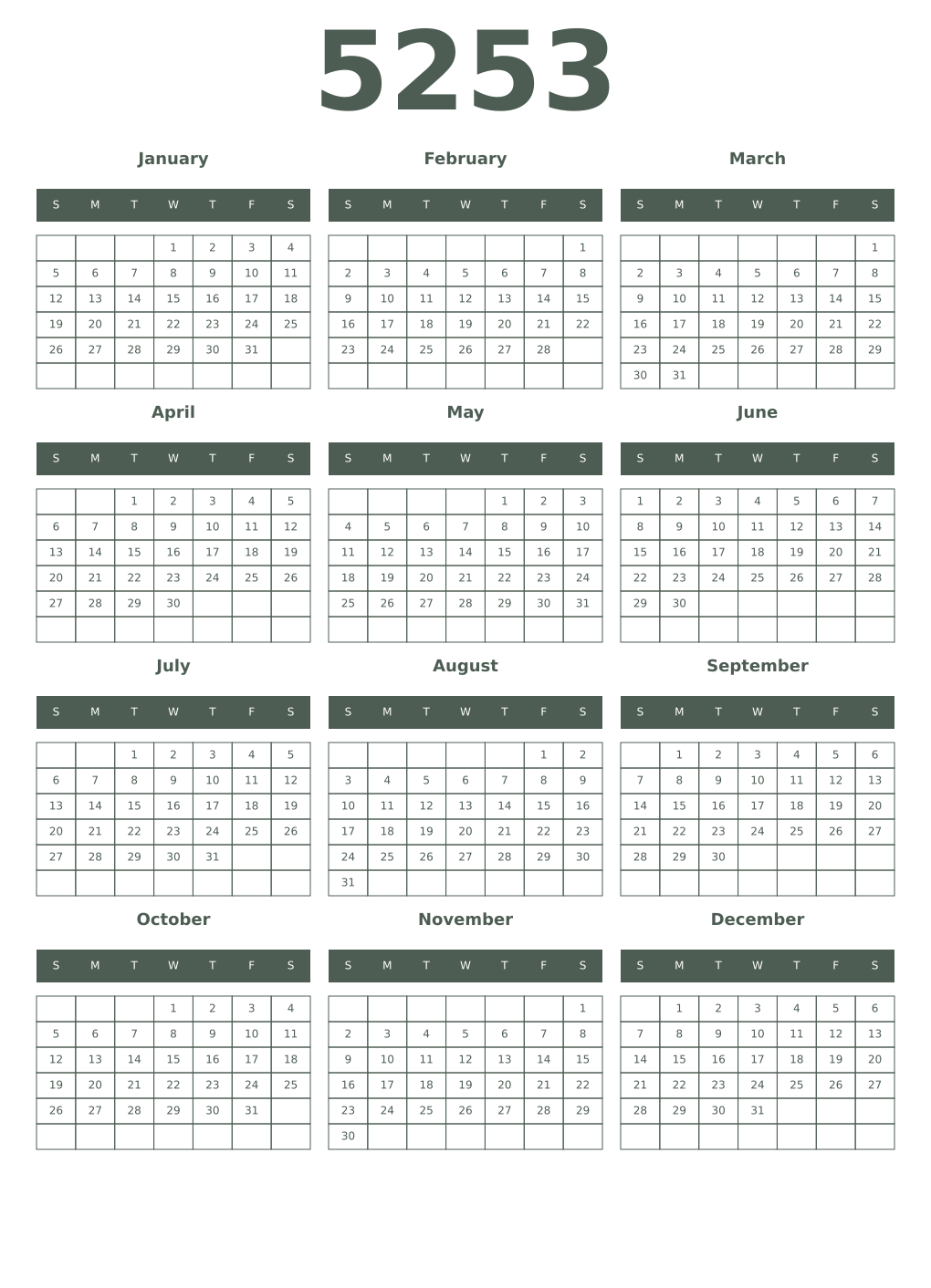 Printable 5253 Year Calendars feldgrau