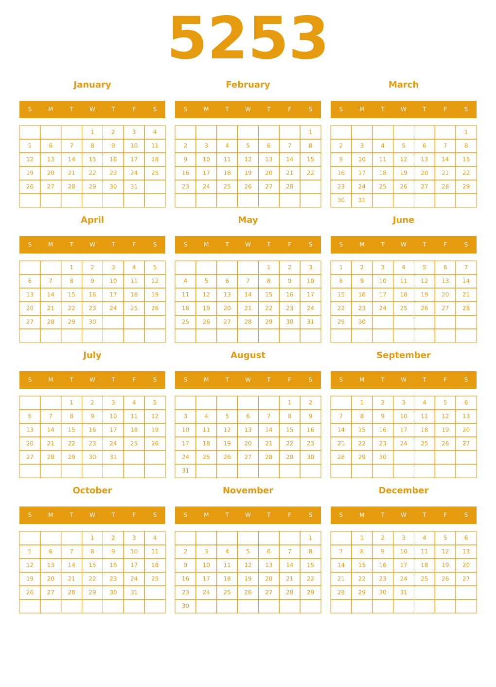 Printable 5253 Year Calendars gamboge