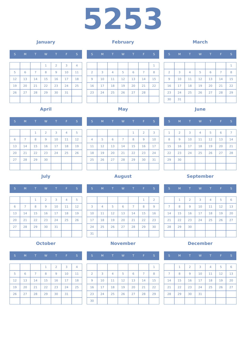 Printable 5253 Year Calendars glaucous