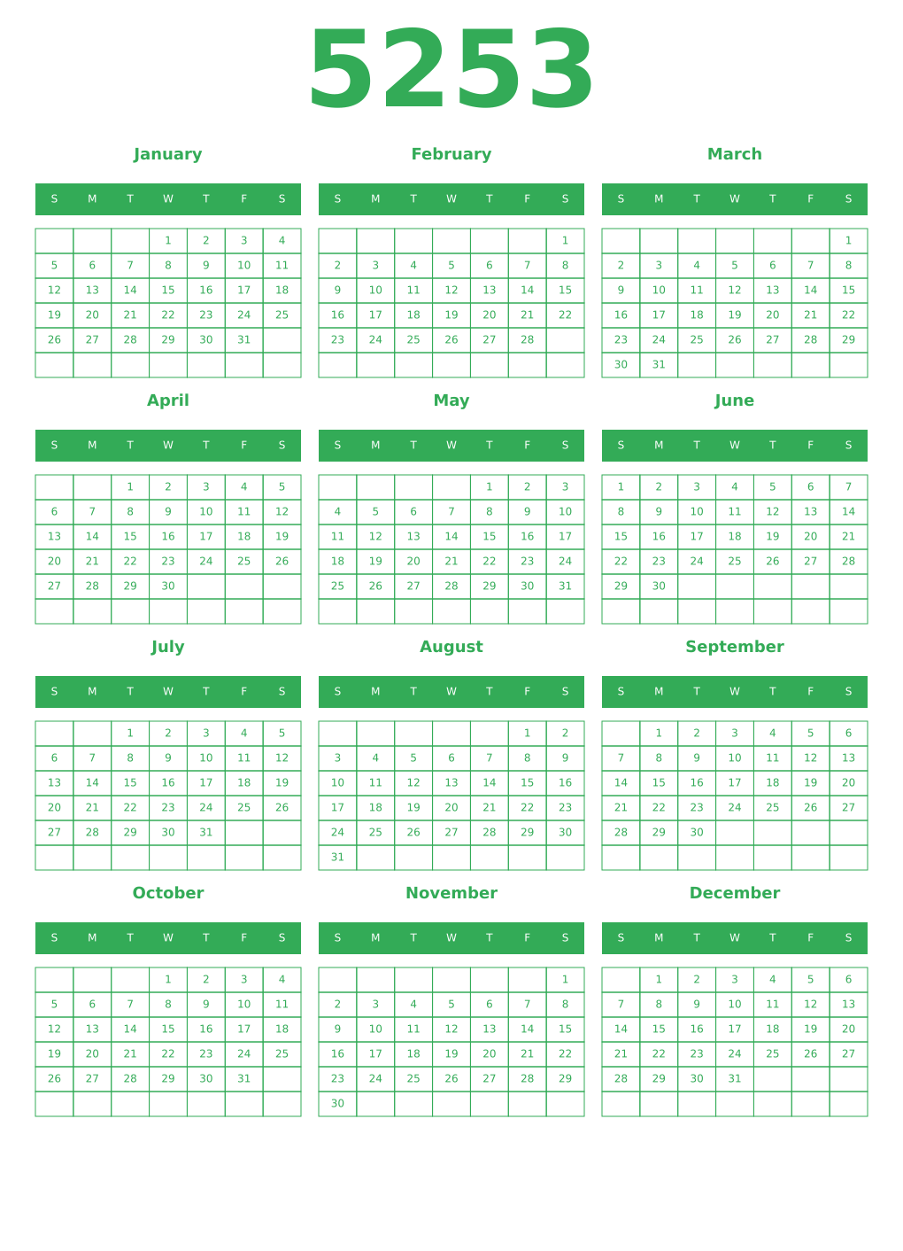 Printable 5253 Year Calendars green