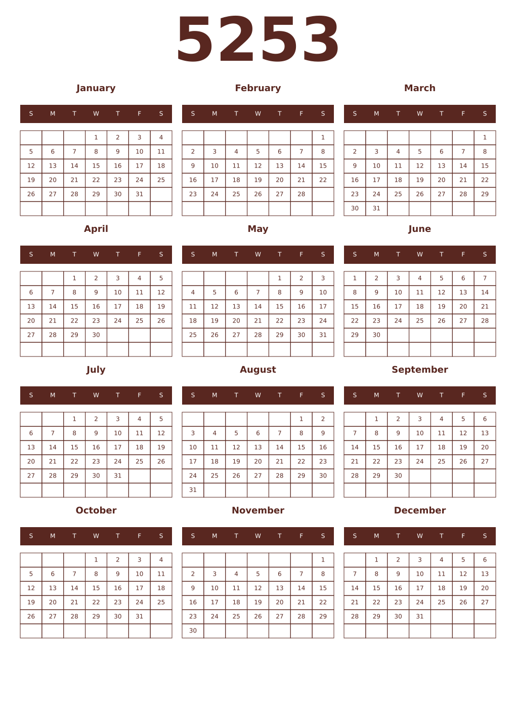 Printable 5253 Year Calendars mortuum
