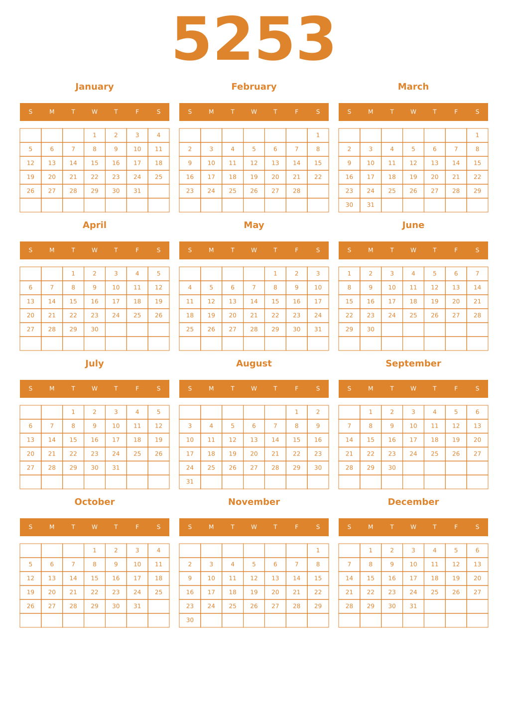 Printable 5253 Year Calendars orange