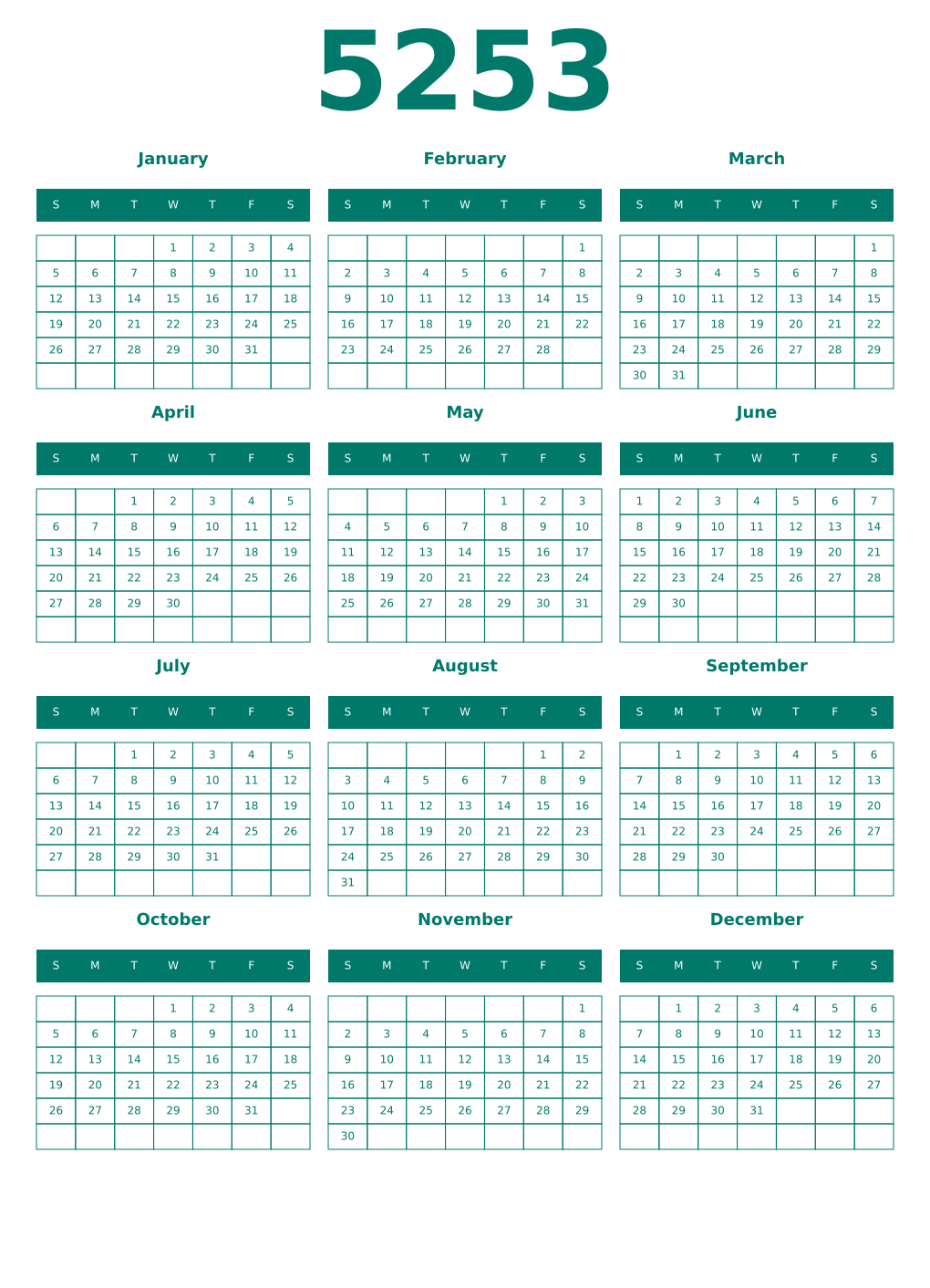 Printable 5253 Year Calendars pastel