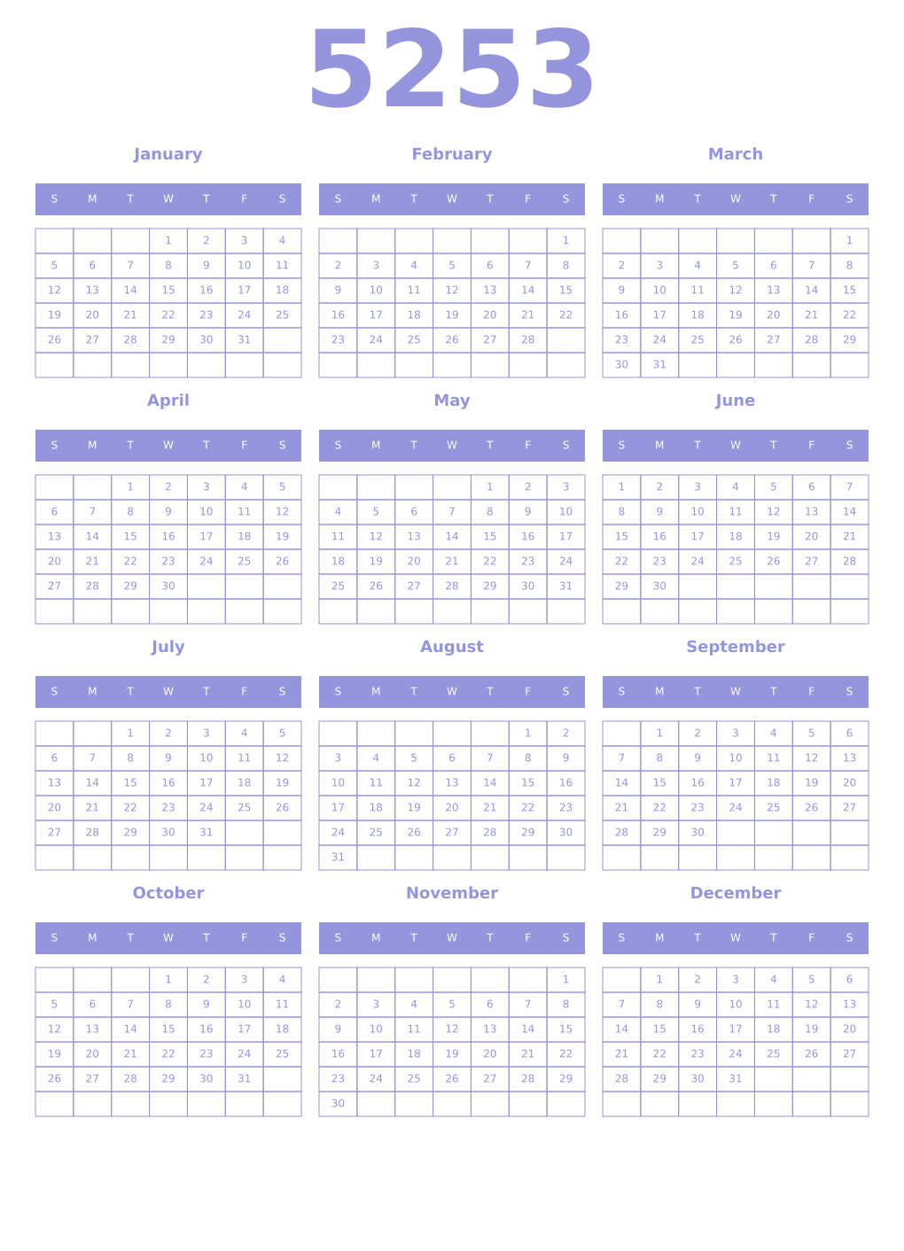 Printable 5253 Year Calendars periwinkle