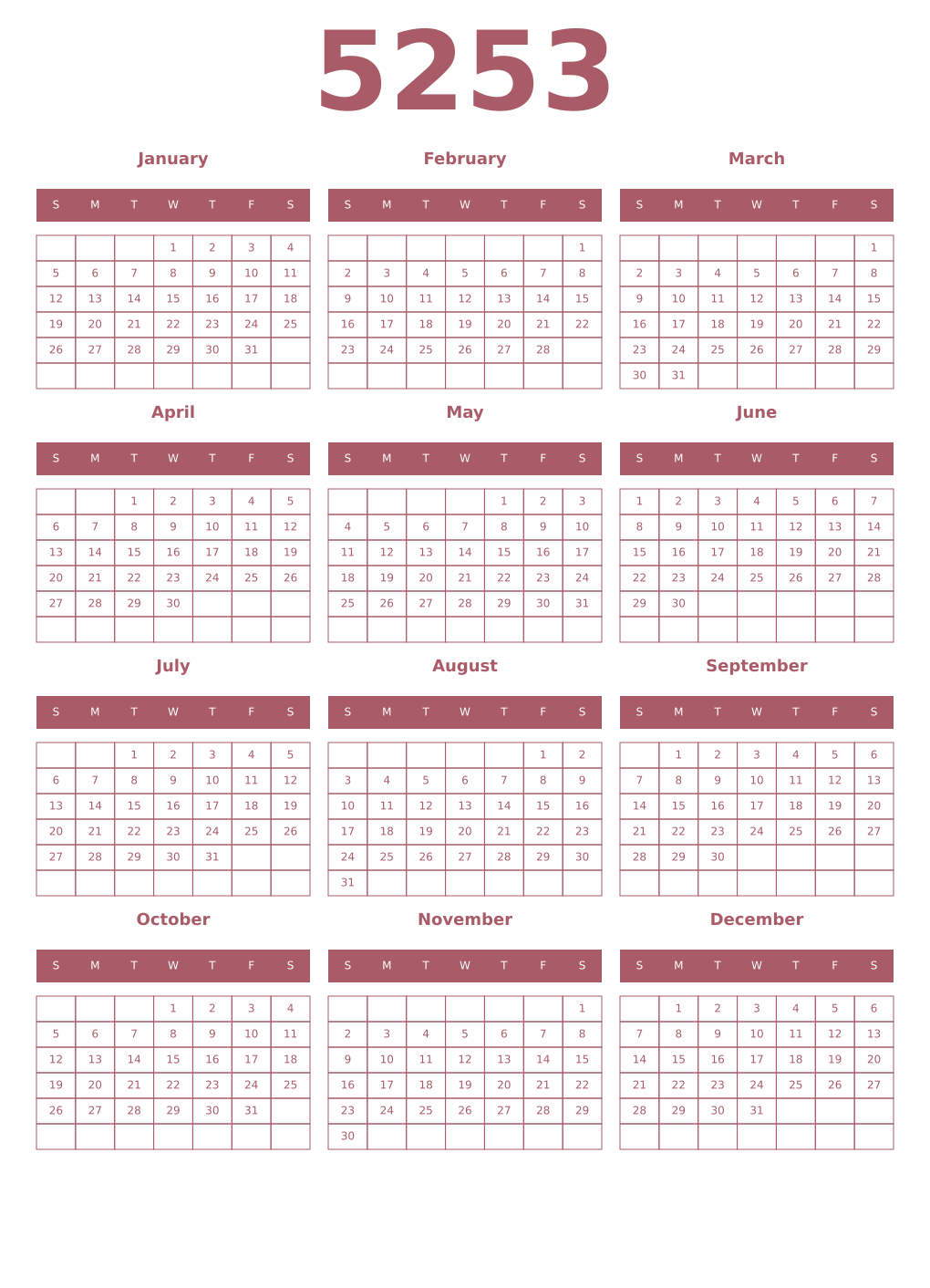 Printable 5253 Year Calendars puce