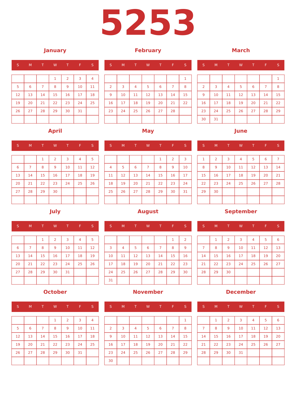 Printable 5253 Year Calendars red