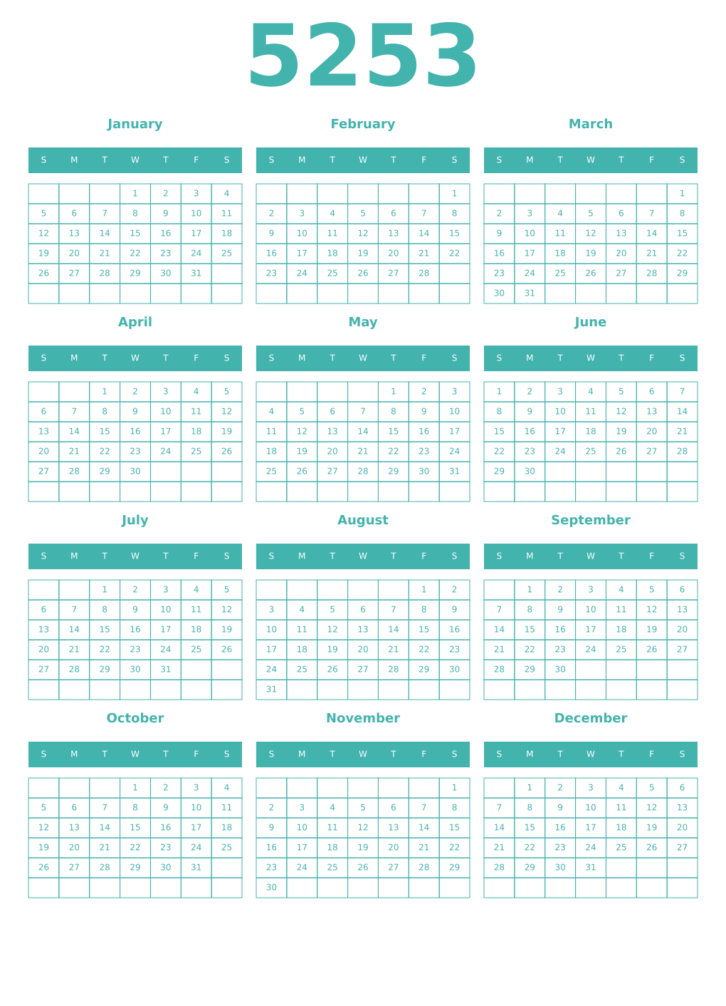 Printable 5253 Year Calendars verdigris