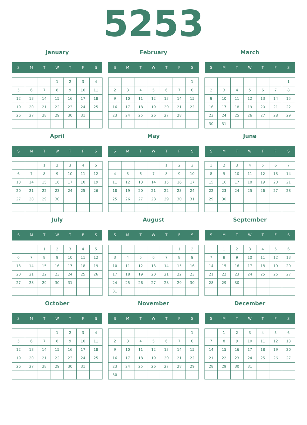 Printable 5253 Year Calendars viridian