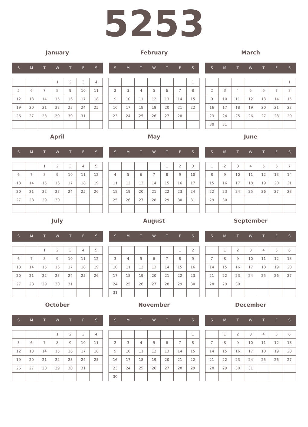 Printable 5253 Year Calendars wenge