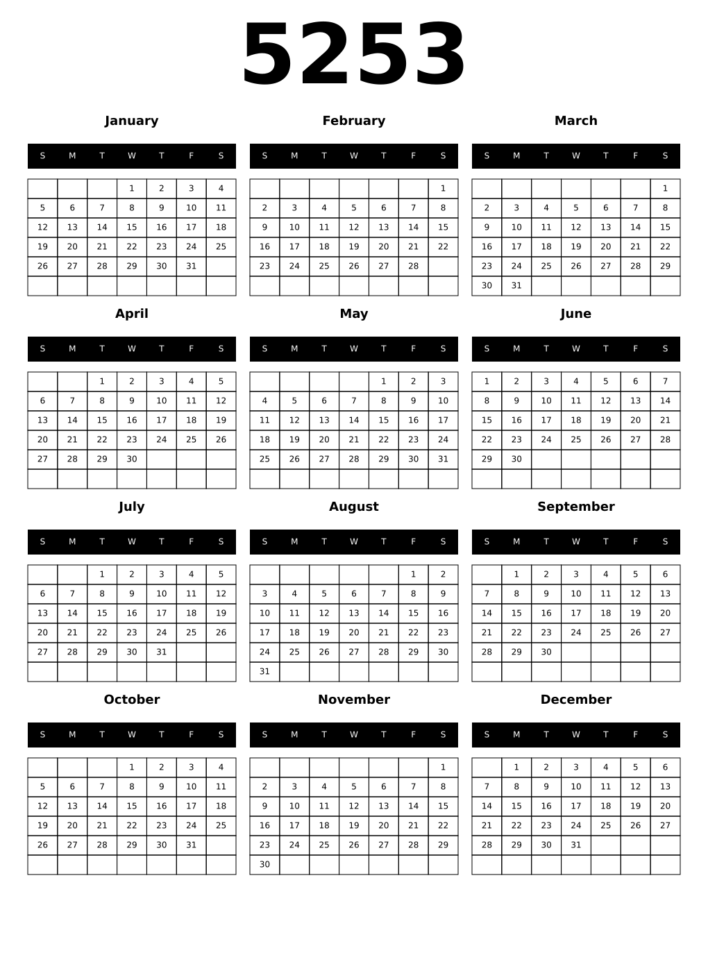 Printable 5253 Calendars