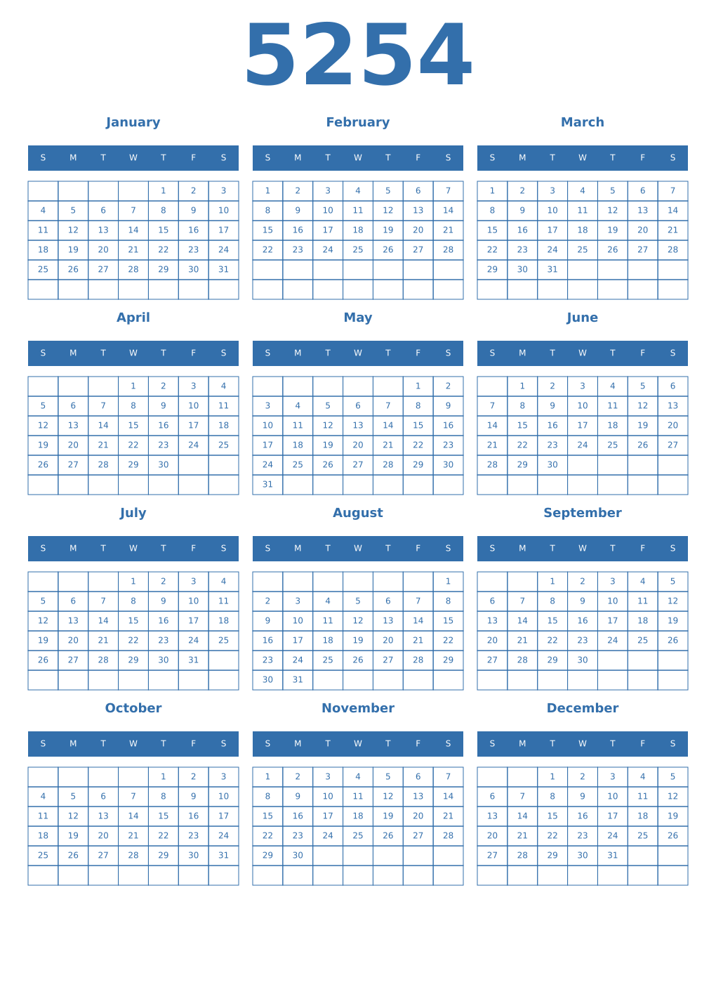 Printable 5254 Year Calendars blue