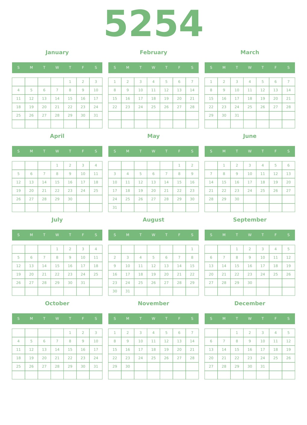 Printable 5254 Year Calendars celadon
