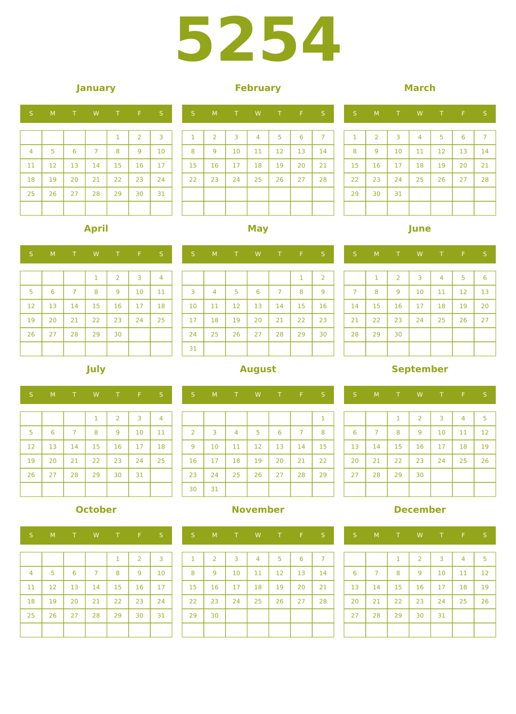 Printable 5254 Year Calendars chartreuse