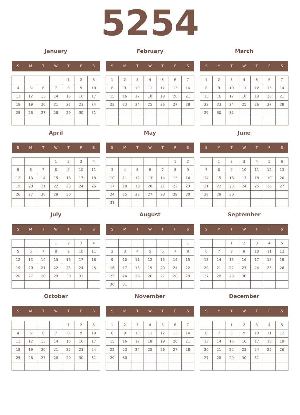 Printable 5254 Year Calendars coffe