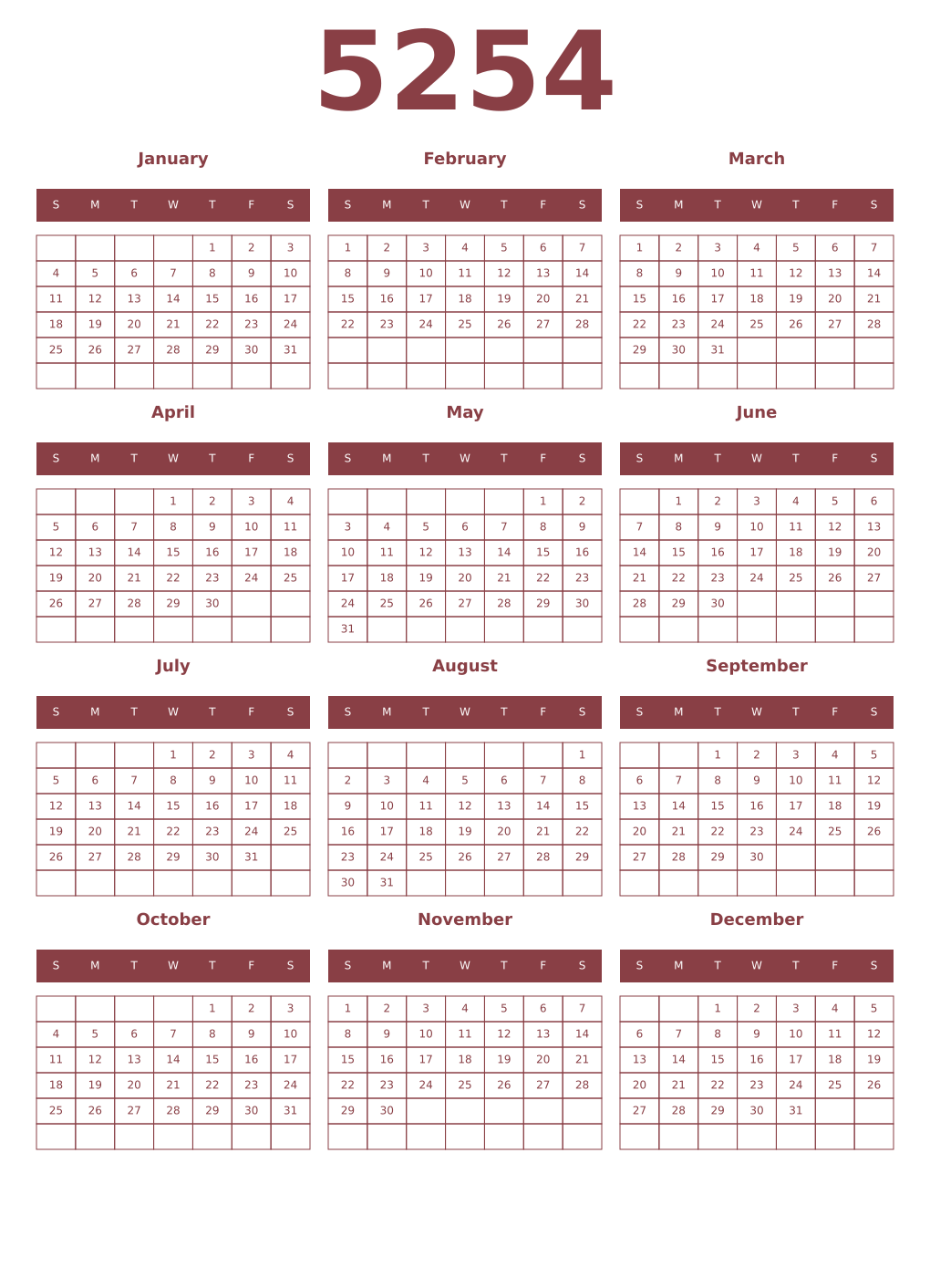 Printable 5254 Year Calendars cordovan