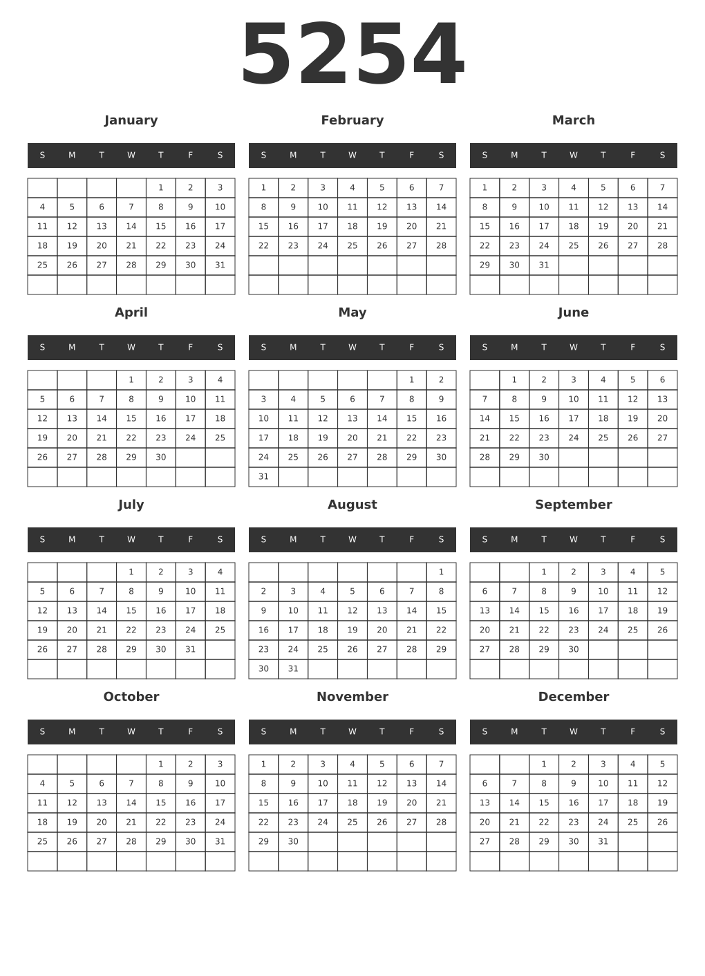 Printable 5254 Year Calendars dark