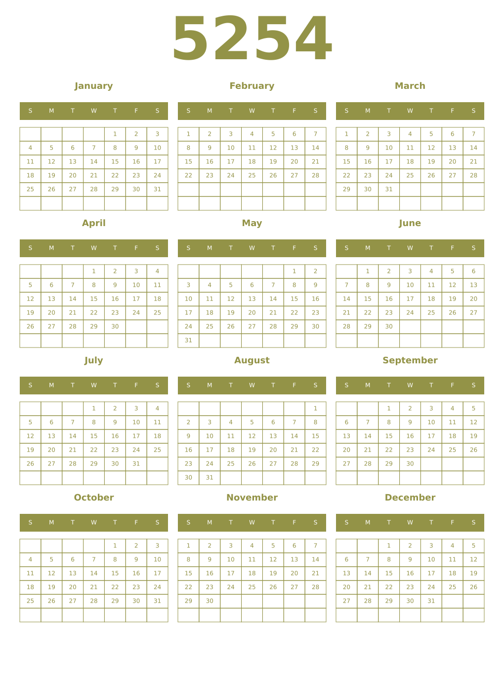 Printable 5254 Year Calendars eburnean