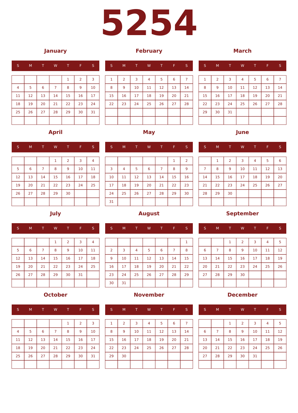 Printable 5254 Year Calendars falu