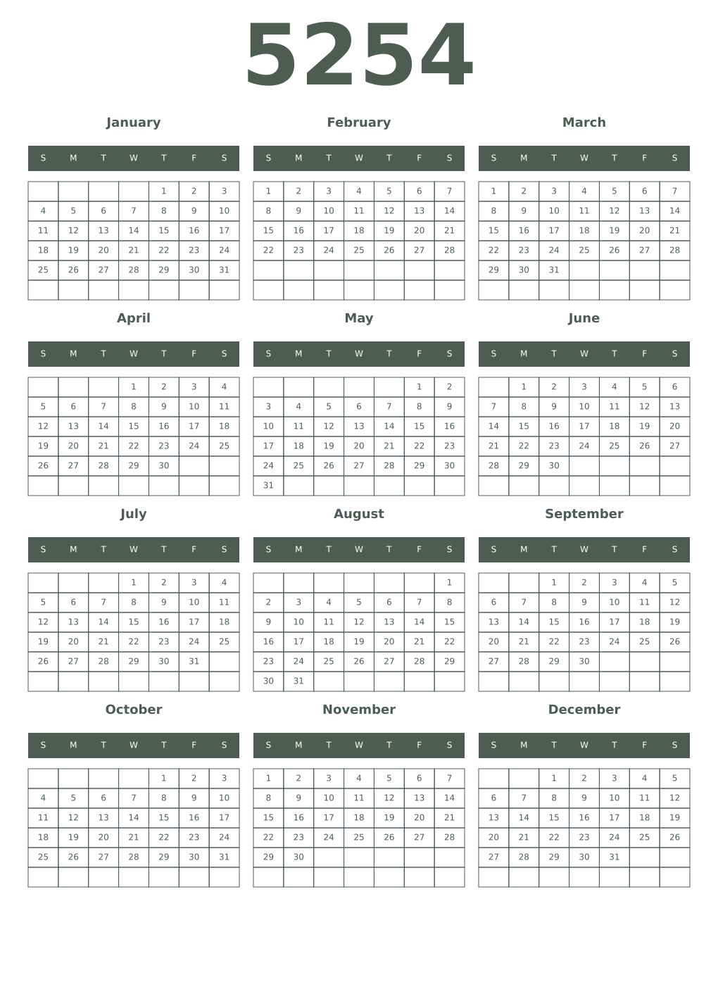 Printable 5254 Year Calendars feldgrau