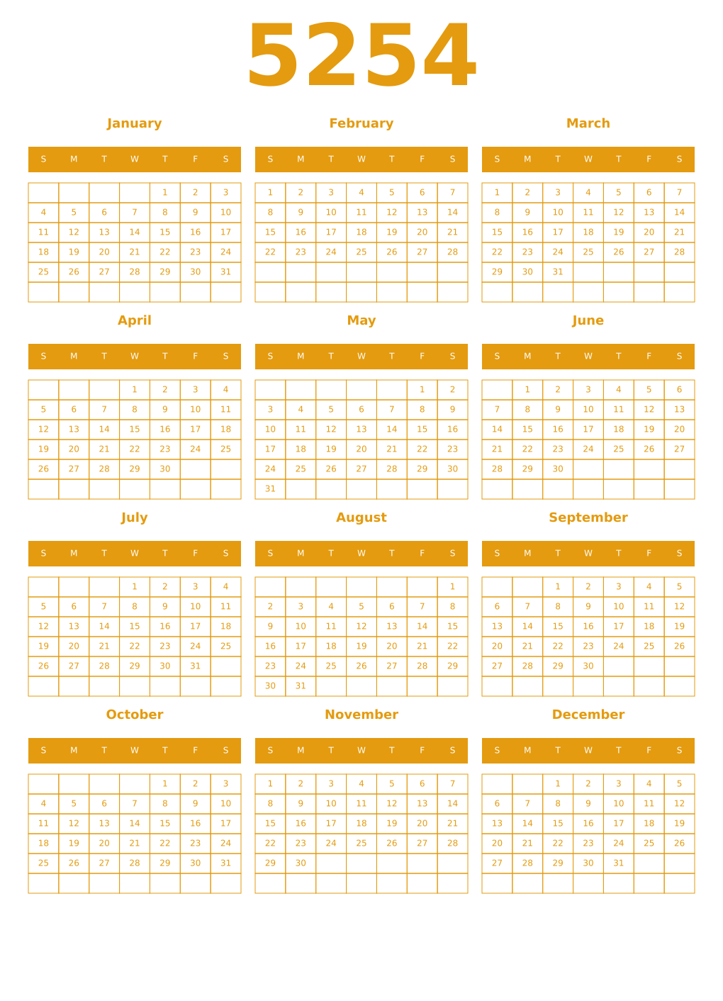 Printable 5254 Year Calendars gamboge