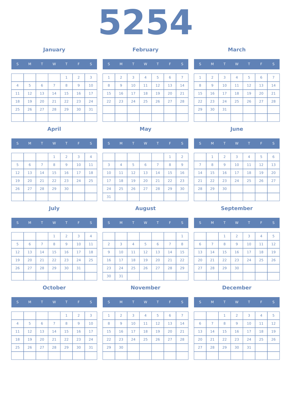 Printable 5254 Year Calendars glaucous