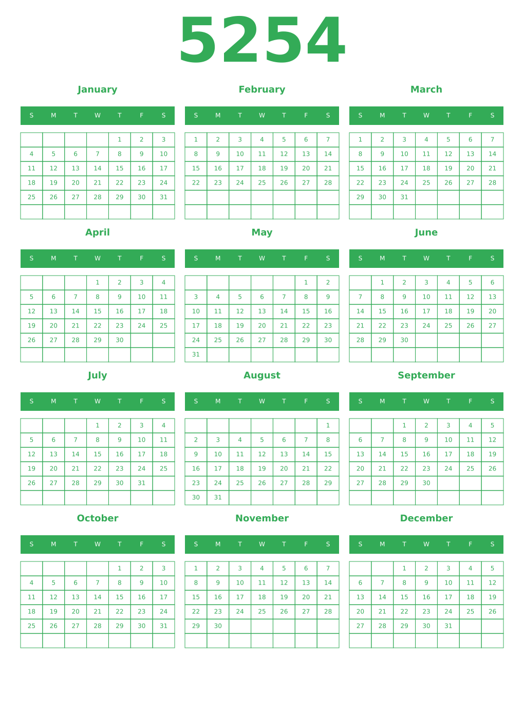 Printable 5254 Year Calendars green
