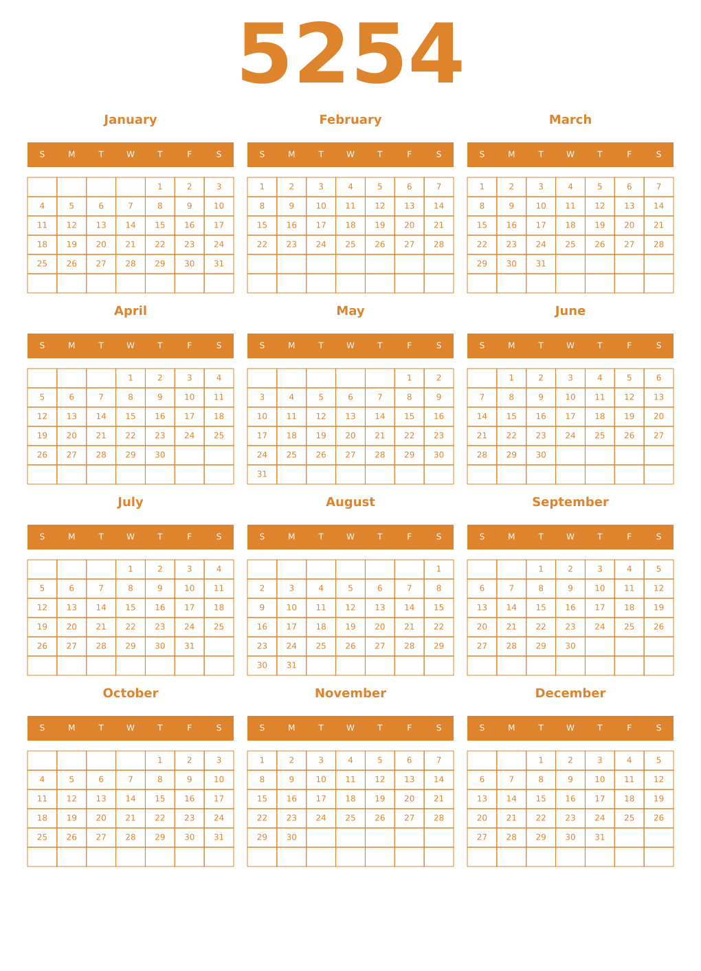 Printable 5254 Year Calendars orange