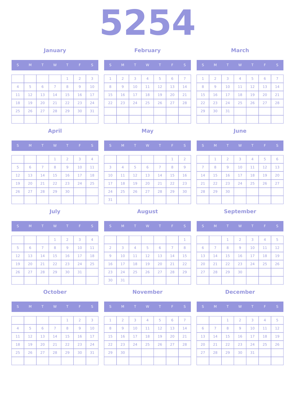 Printable 5254 Year Calendars periwinkle