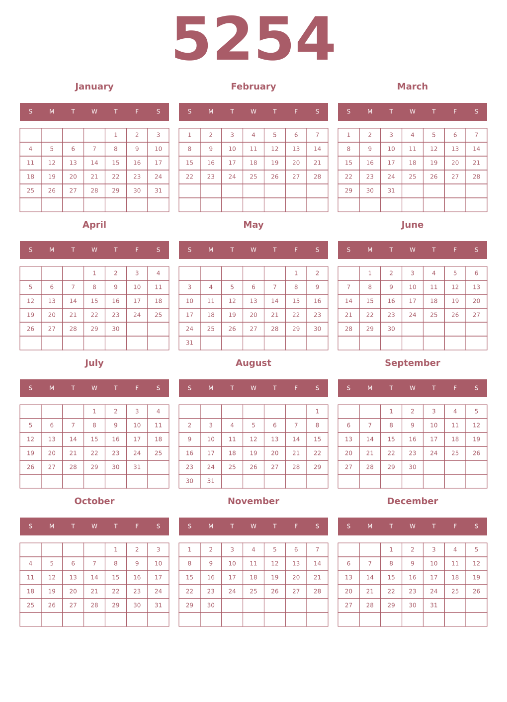 Printable 5254 Year Calendars puce