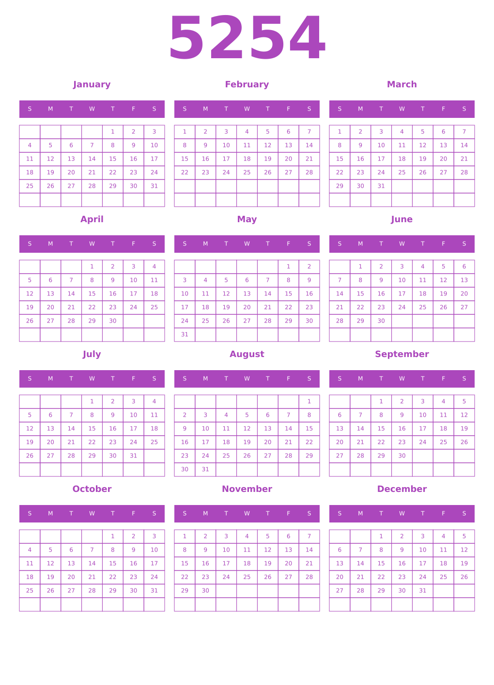 Printable 5254 Year Calendars purple