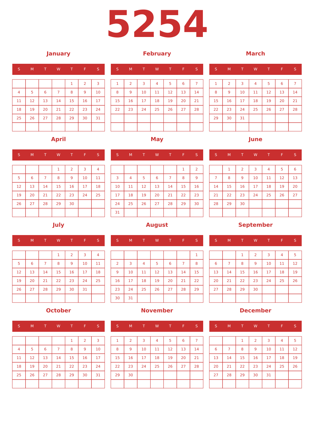 Printable 5254 Year Calendars red
