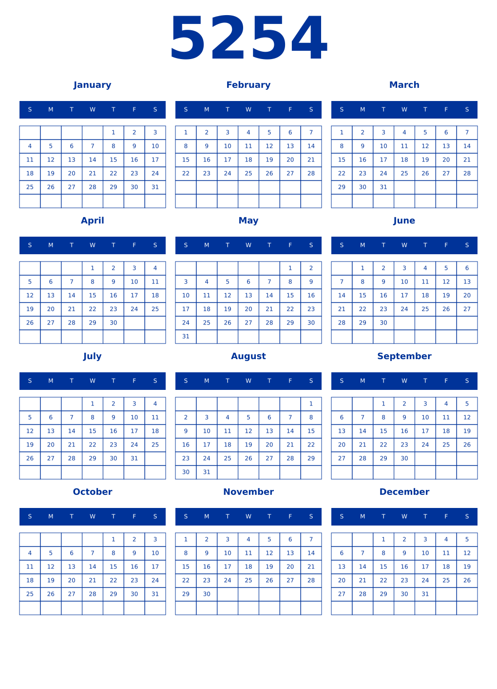 Printable 5254 Year Calendars smalt