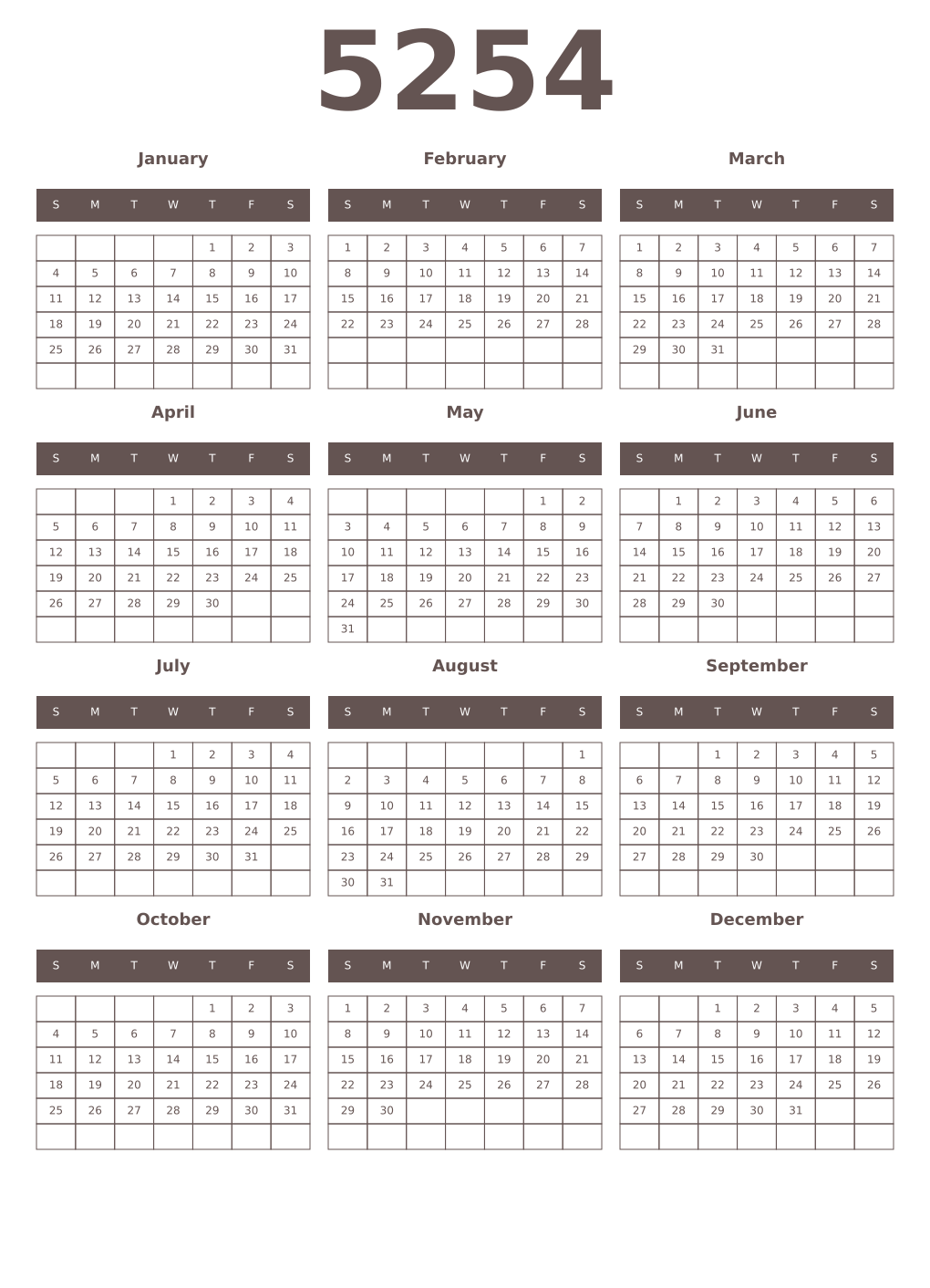 Printable 5254 Year Calendars wenge
