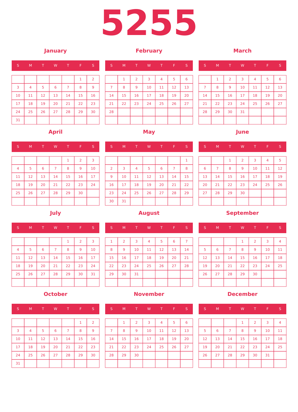 Printable 5255 Year Calendars amaranth