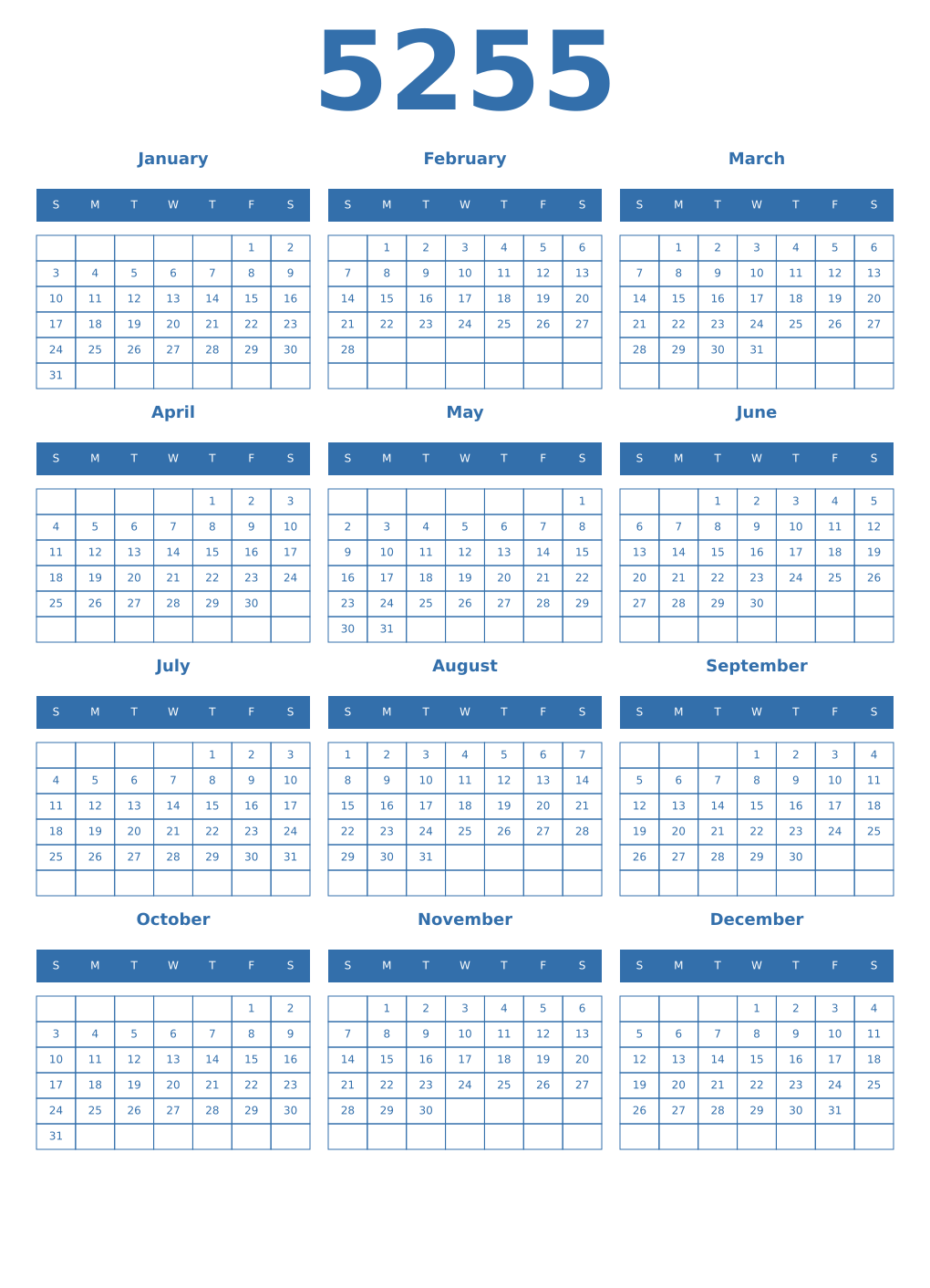 Printable 5255 Year Calendars blue