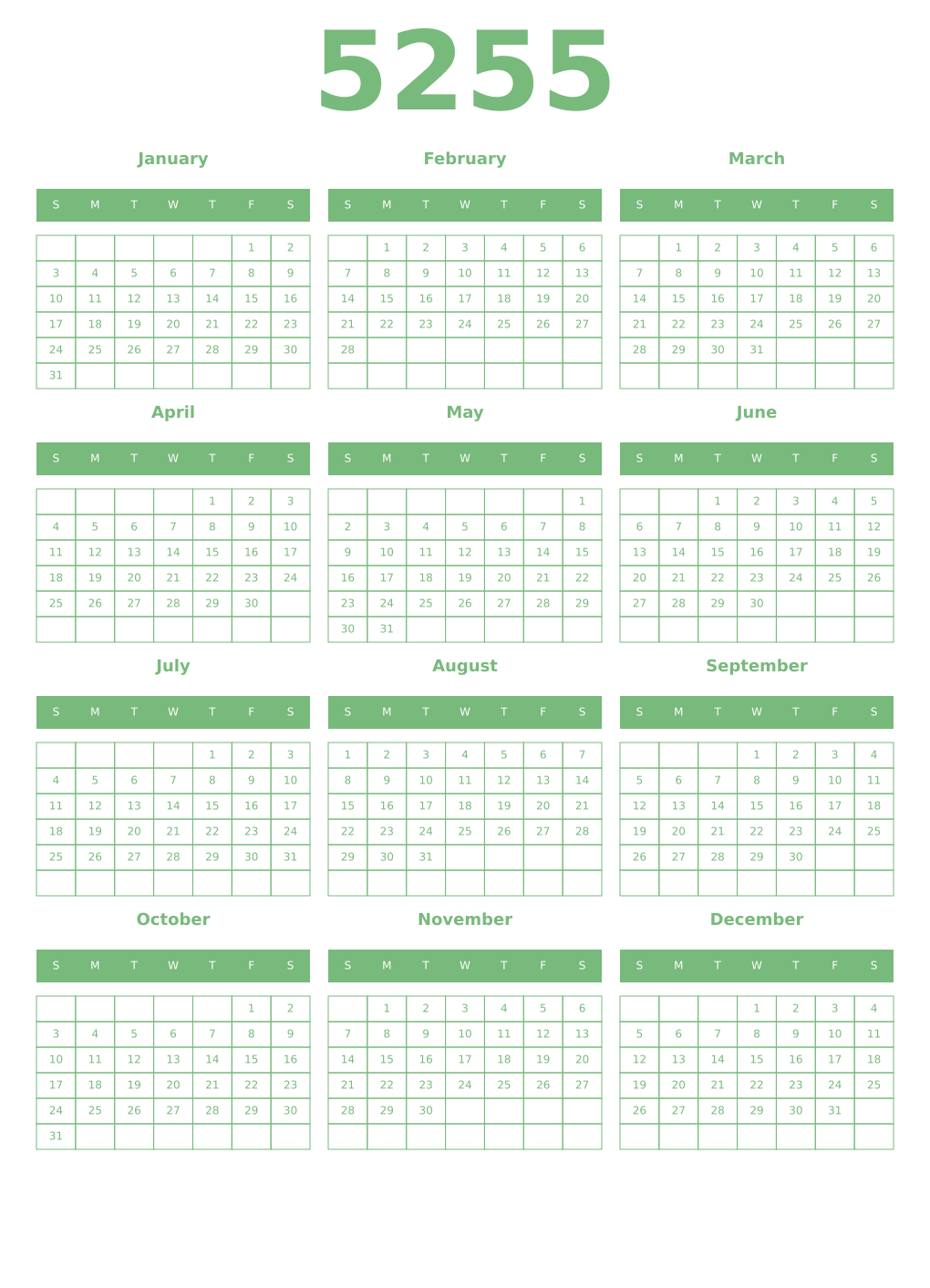 Printable 5255 Year Calendars celadon