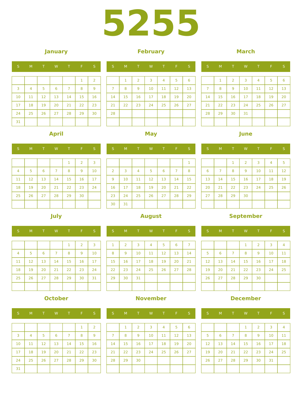 Printable 5255 Year Calendars chartreuse