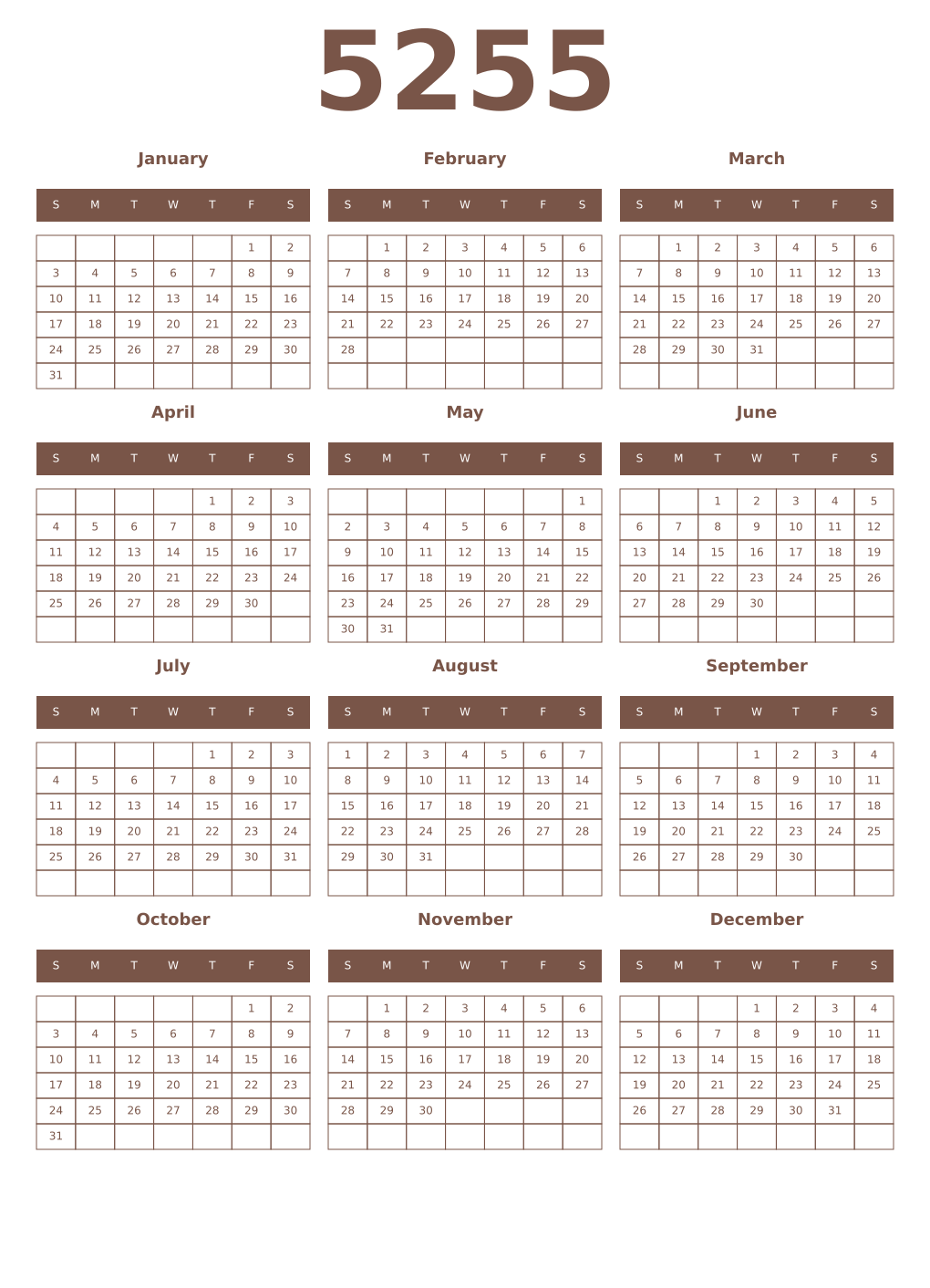 Printable 5255 Year Calendars coffe