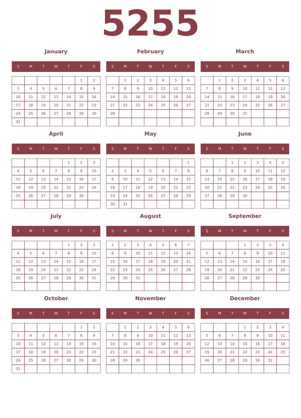 Printable 5255 Year Calendars cordovan