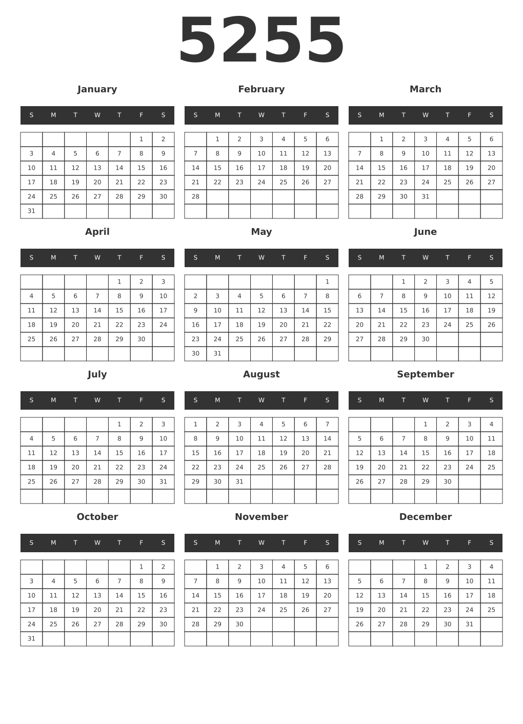 Printable 5255 Year Calendars dark