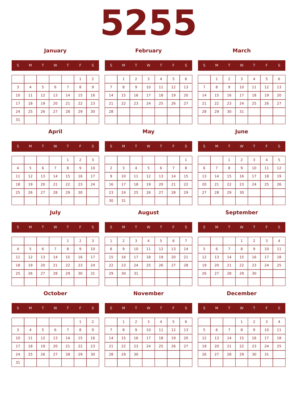 Printable 5255 Year Calendars falu