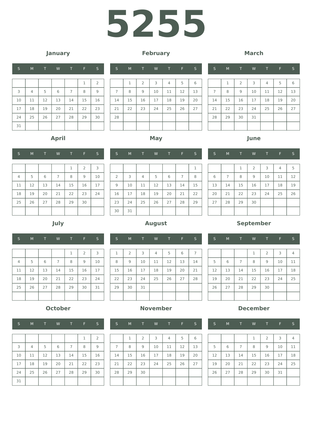 Printable 5255 Year Calendars feldgrau