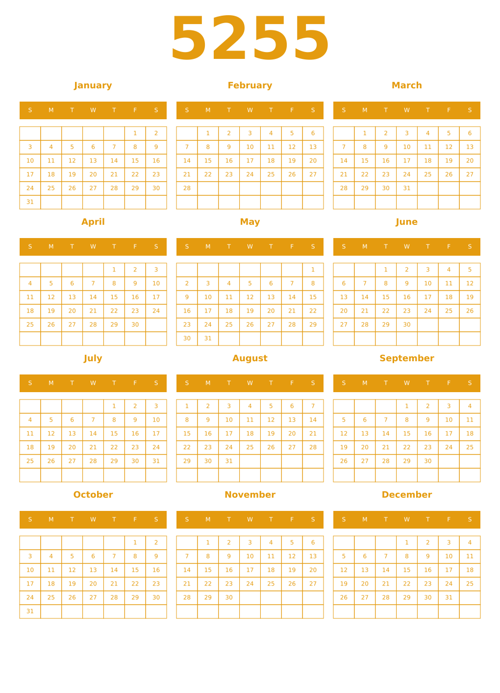 Printable 5255 Year Calendars gamboge