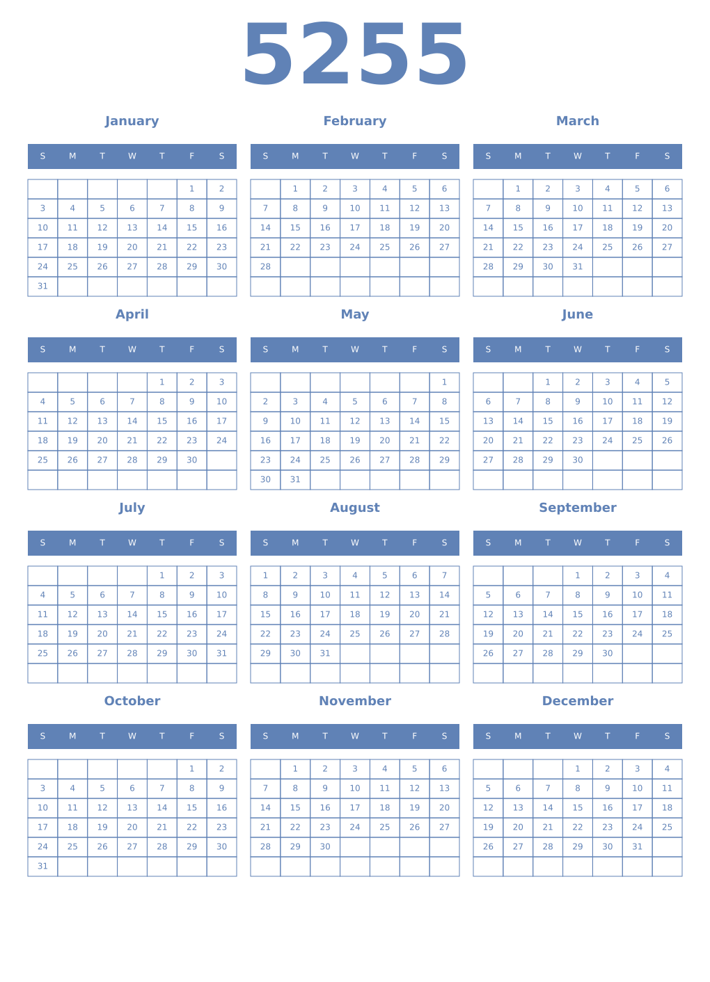 Printable 5255 Year Calendars glaucous