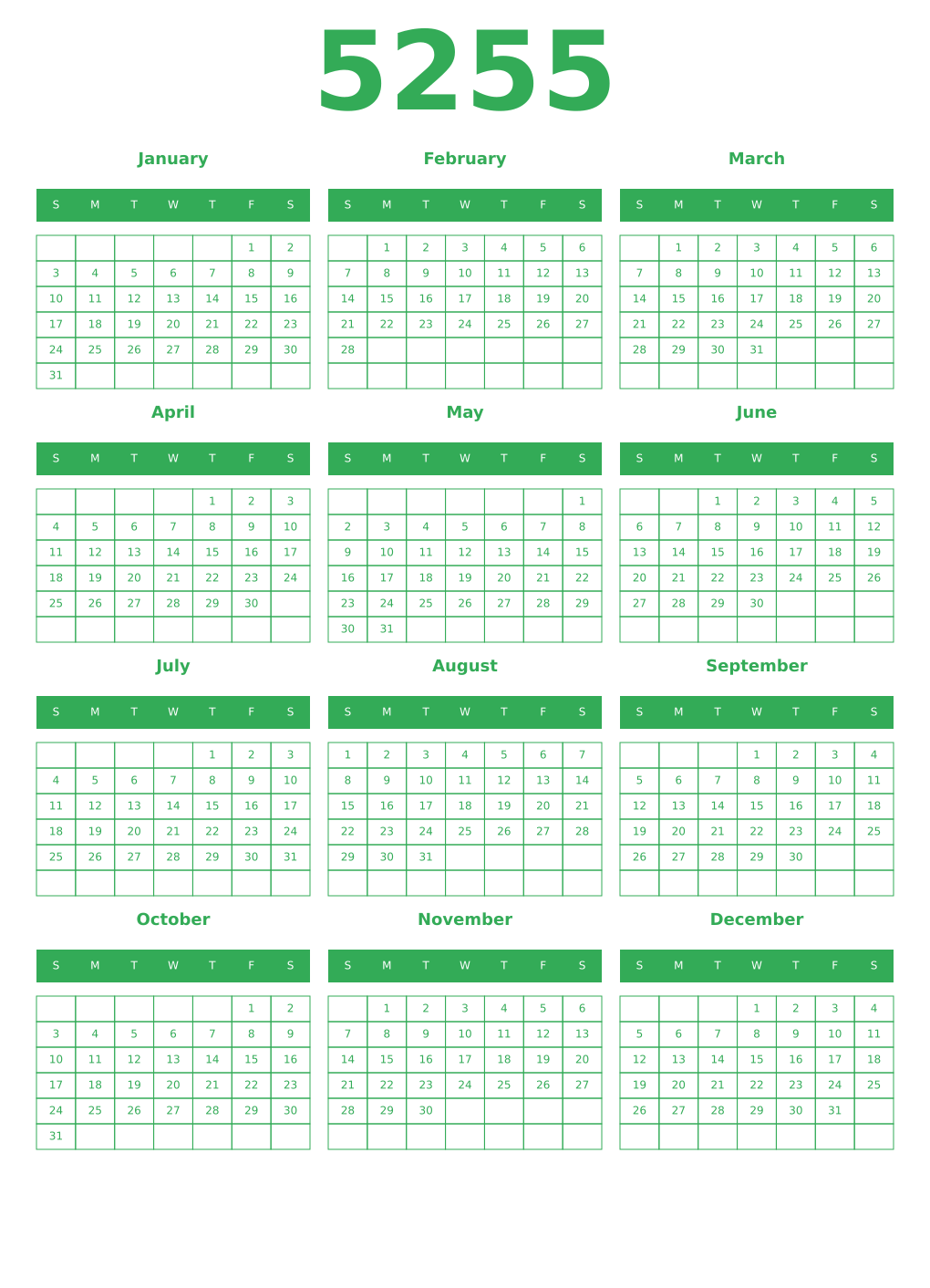 Printable 5255 Year Calendars green