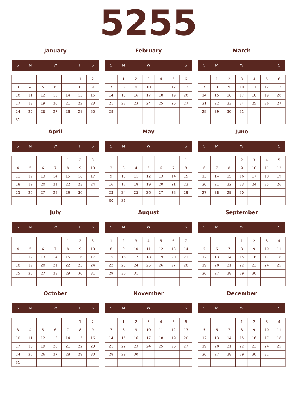 Printable 5255 Year Calendars mortuum