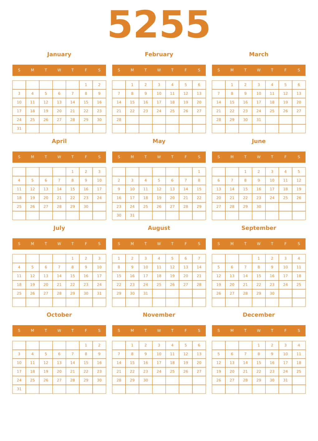 Printable 5255 Year Calendars orange